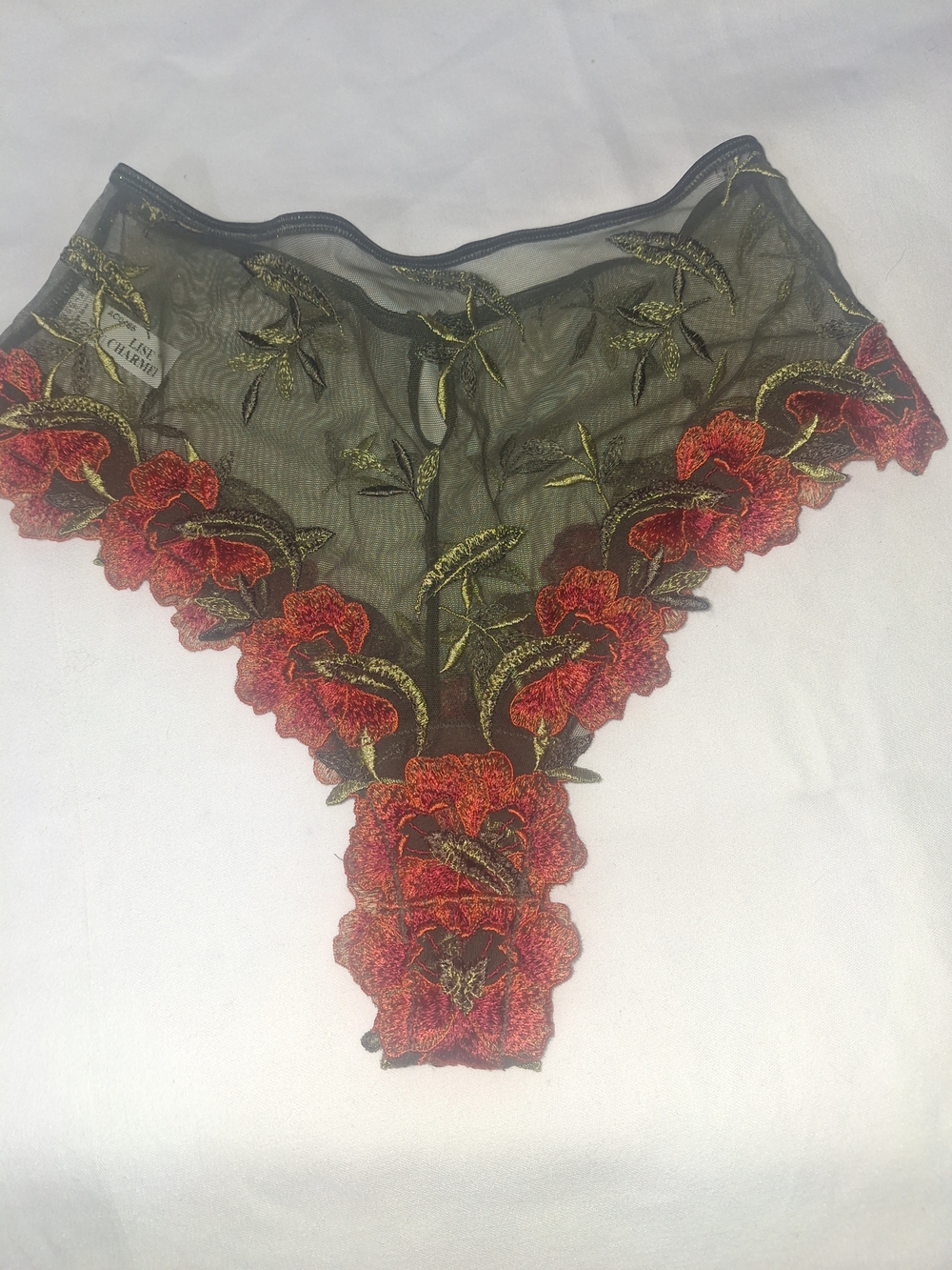 Lise Charnel Green Sheer Lace Thong with OrangeFloral Embroidery
